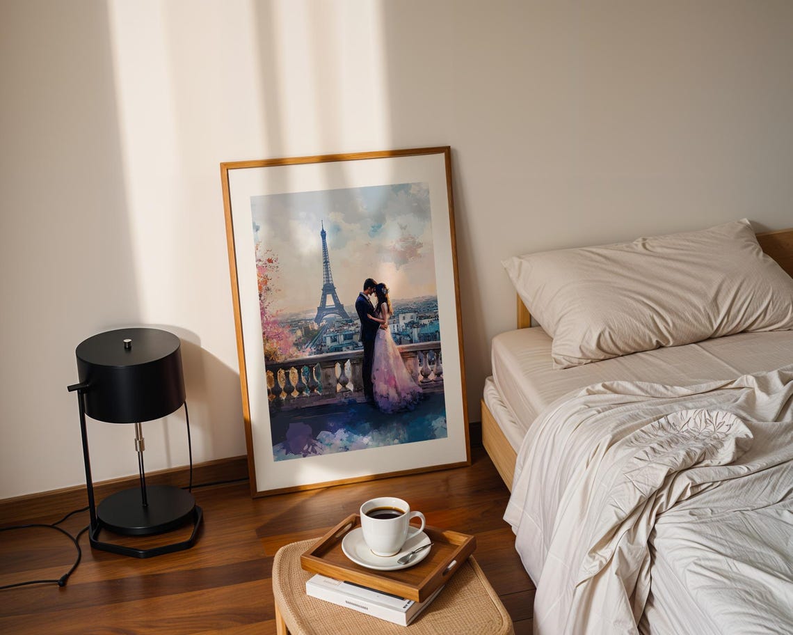 Eiffel Tower Couple Embrace Paris Rooftops Painterly Art Poster - Image 2