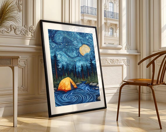 Starry Night Camping Wall Art Print Vibrant Tent Under Moonlit Sky Illustration Dreamy Adventure Landscape Nature Lover