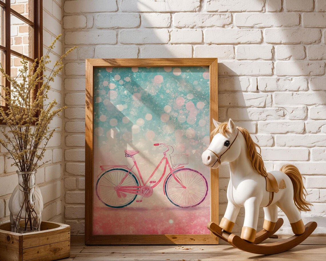 Cute Whimsical Pink Bicycle Pastel Bokeh Retro Bike Art Poster - Image 3