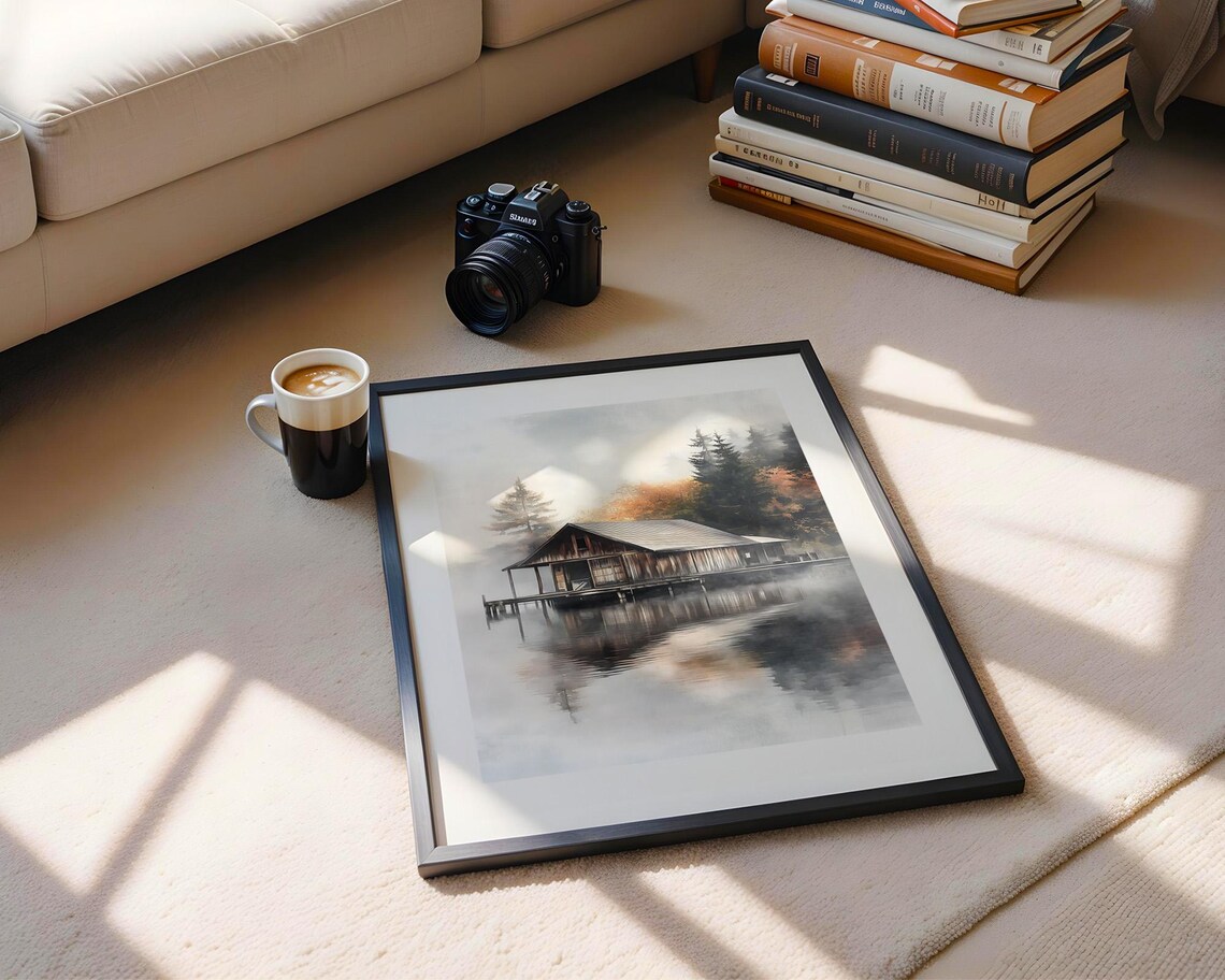 Misty Lake Boathouse Watercolor Calm Nature Serene Cabin Poster - Image 5