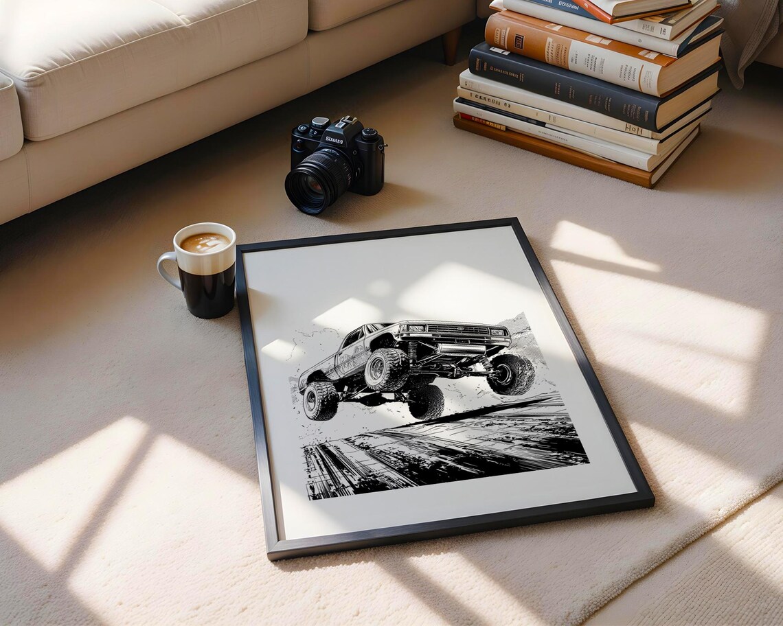 Lifted Off Road Truck Jump Halftone Sketch Automotive Poster - Image 5