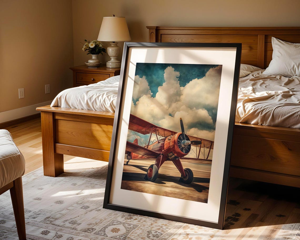 Vintage Red Biplane On Airfield Retro Aviation Painting Poster - Image 4
