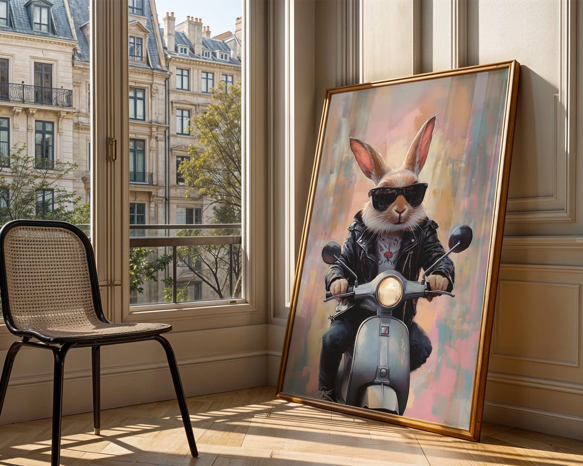 Cool Rabbit In Leather Jacket And Sunglasses Riding Scooter Poster