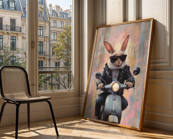 Cool Rabbit Leather Jacket Scooter Art Trendy Wall Room Decor Animal Prints Print Poster