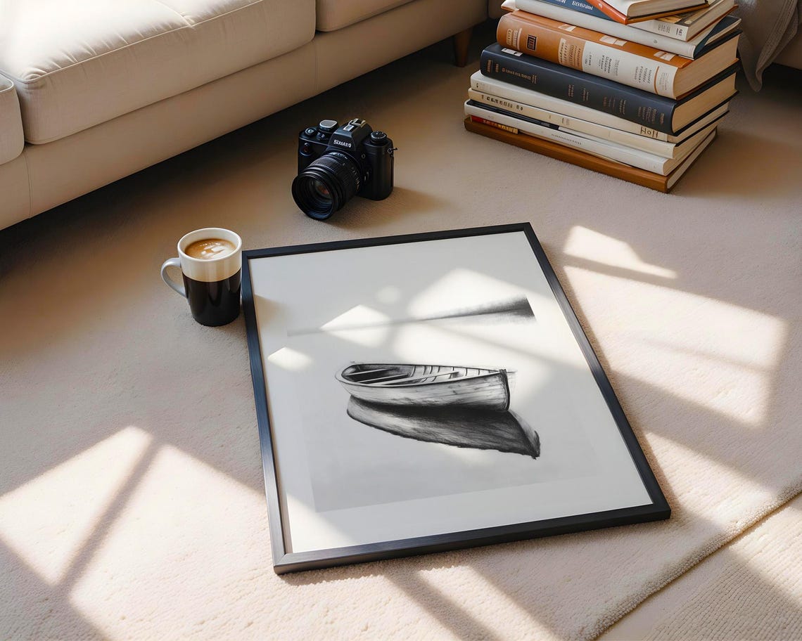 Empty Wooden Rowboat on Still Water Minimal Charcoal Sketch Poster - Image 5