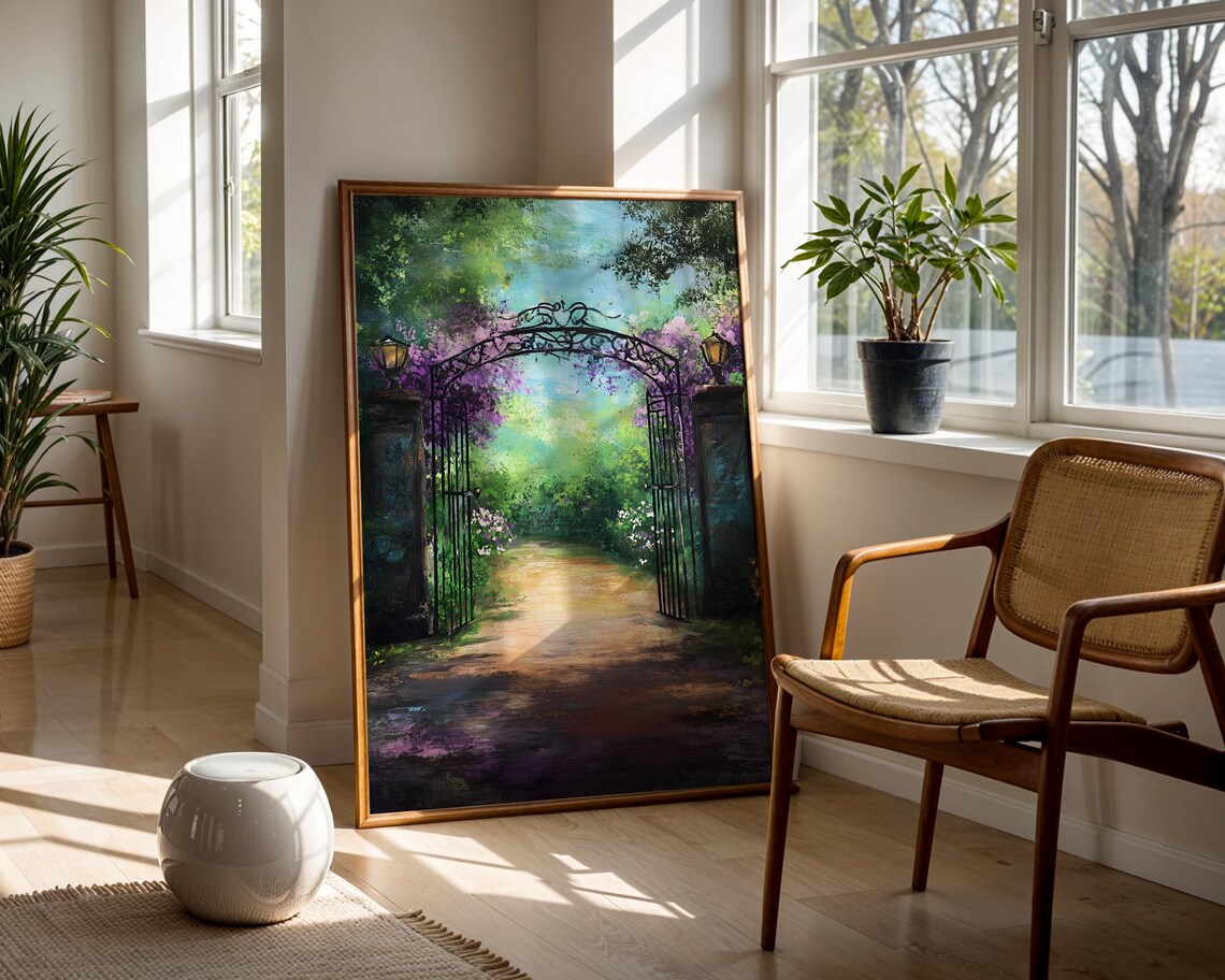 Enchanted Floral Garden Gate With Lanterns And Purple Blooms Poster