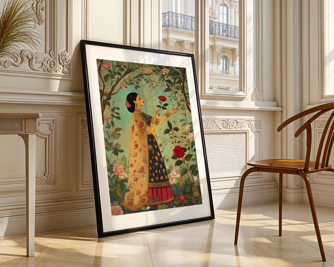 Indian Woman Rose Garden Traditional Mughal Style Art Poster - Image 4