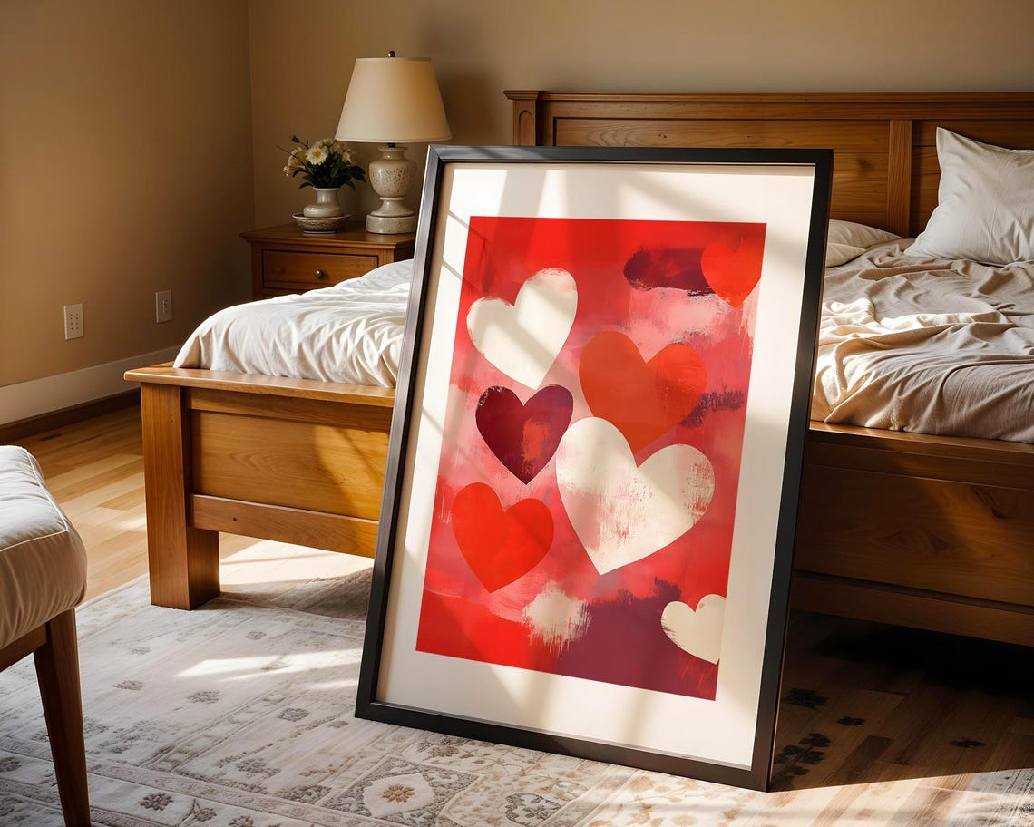 Red And White Abstract Hearts Painterly Valentine Romantic Wall Art