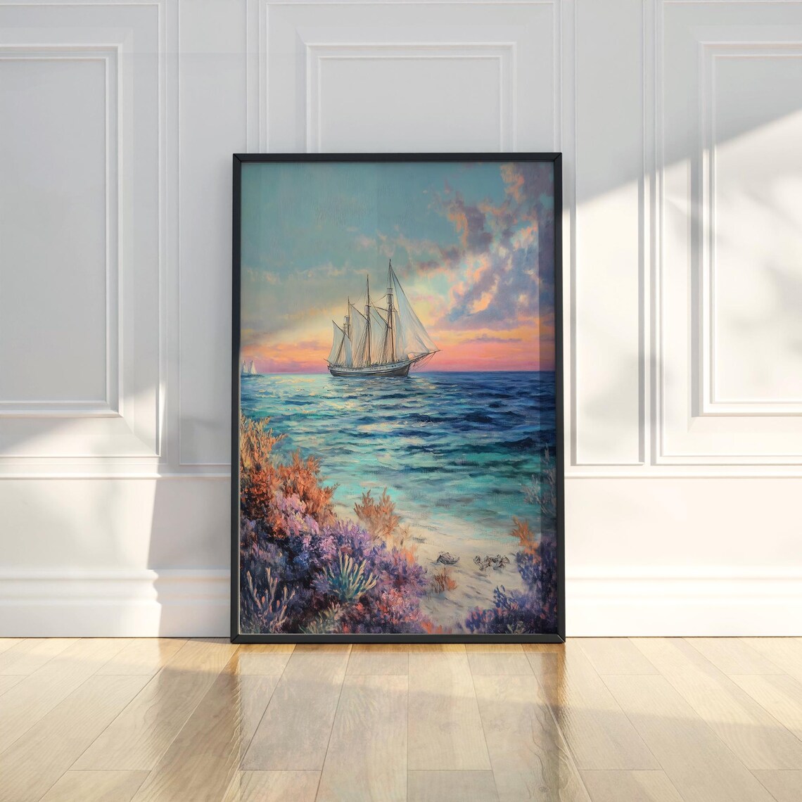 Tall Sailing Ship at Sunset Ocean Painting Poster for Nautical Decor