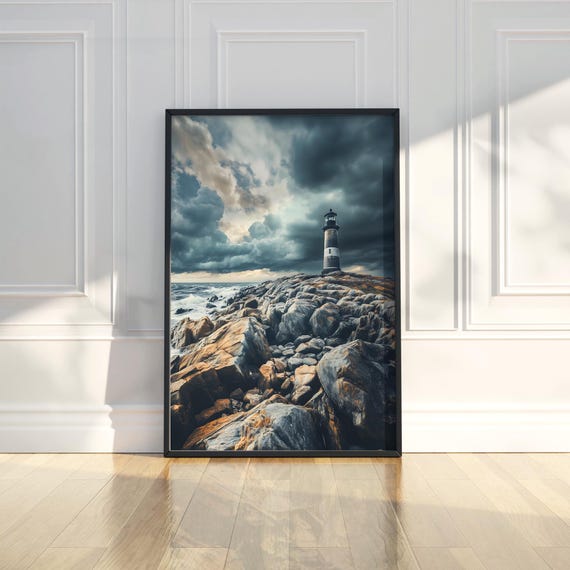 Stormy Lighthouse On Rocky Shore Wall Art Dramatic Seascape Coastal Decor Nautical Home Office Seaside Print