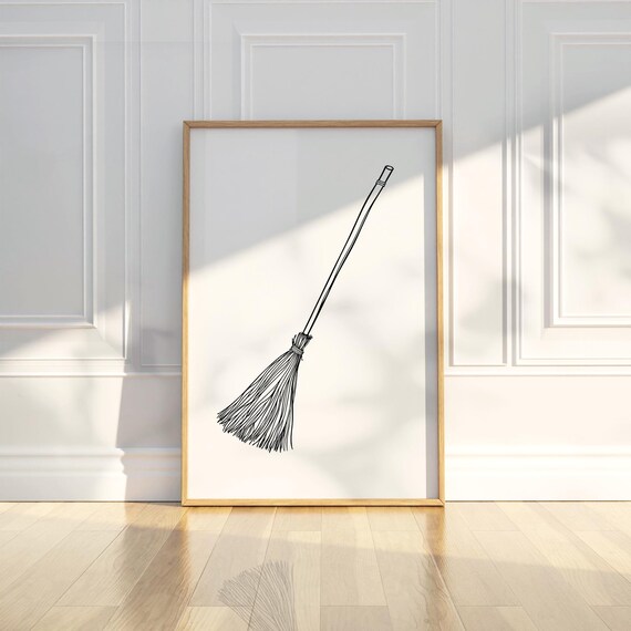 Minimalist Broom Line Art Drawing Pencil Sketch Wall Print Black White Modern Simple Rustic Home Living Room Decor Gift