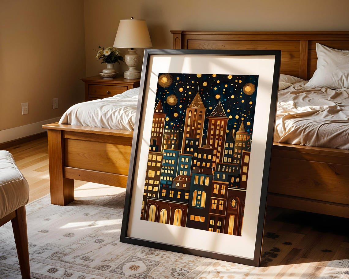 Golden City Night Lights Stylized Skyline Urban Starry Art Poster - Image 5