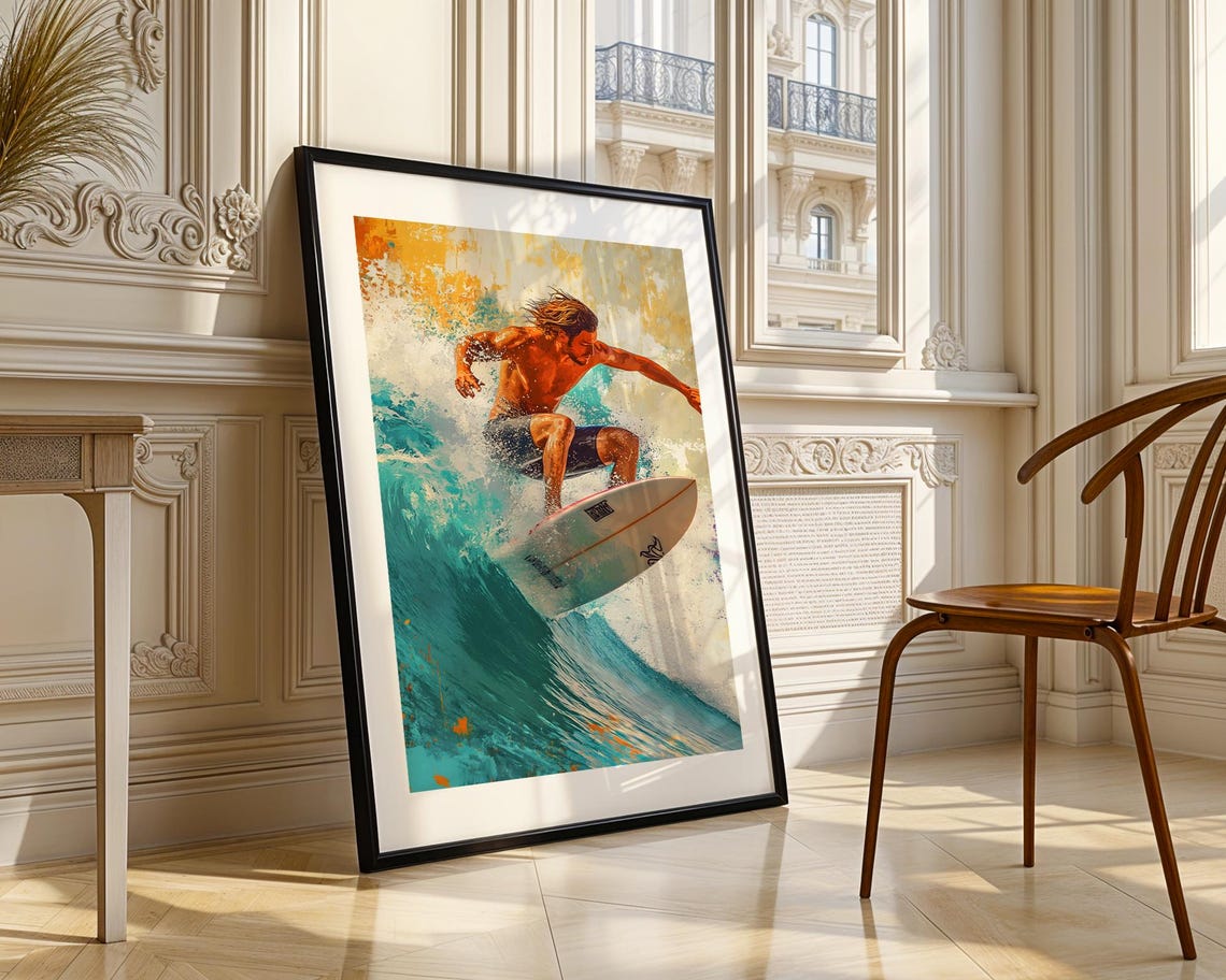 Surfer Riding Ocean Wave Turquoise Watercolor Surf Sports Print - Image 3