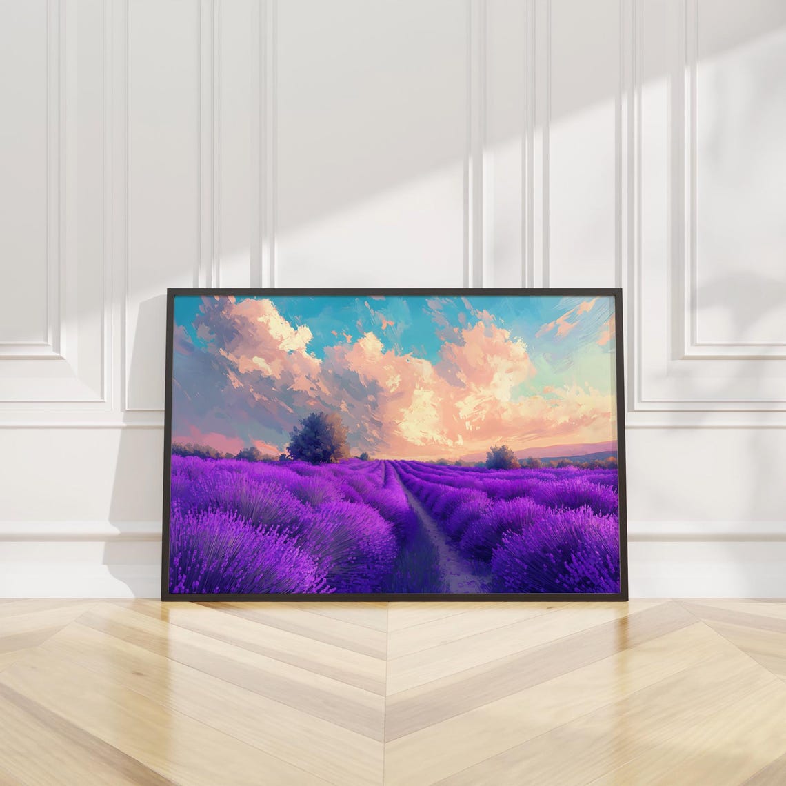Purple Lavender Field Rows Sunset Sky Pastel Landscape Poster