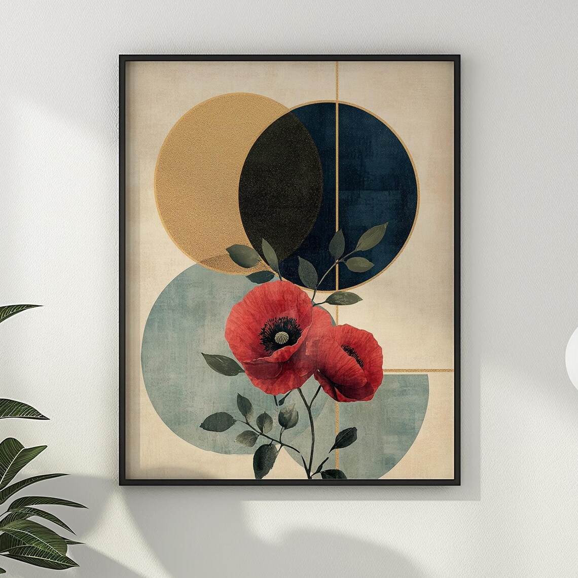 Red Poppies and Golden Circles Art Deco Floral Botanical Poster