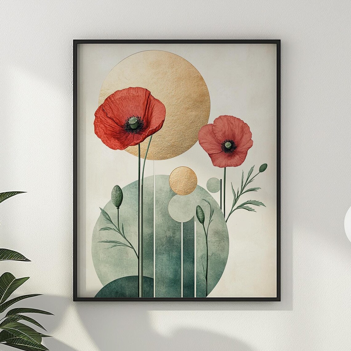 Abstract Red Poppies Gold Sun Sage Green Mid Century Floral Poster