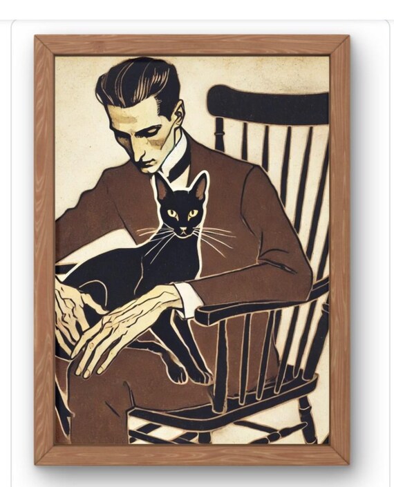 Man With Black Cat Rocking Chair Poster Sepia Woodcut Vintage Feline Art
