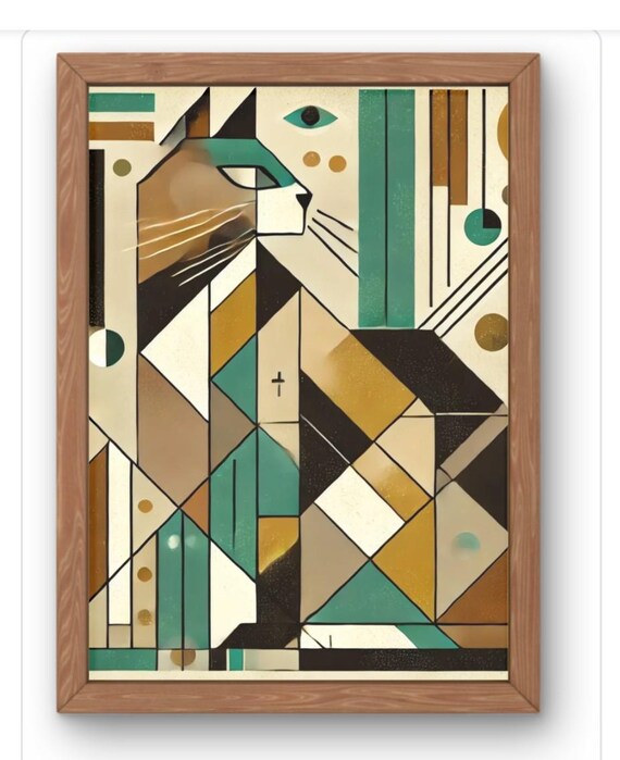 Geometric Cat Wall Art Print Vibrant Abstract In Brown Beige And Green Modern Animal Artwork For Or Retro Interiors