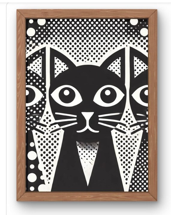 Black White Cat Pop Art Bold Halftone Dot Graphic Wall Poster