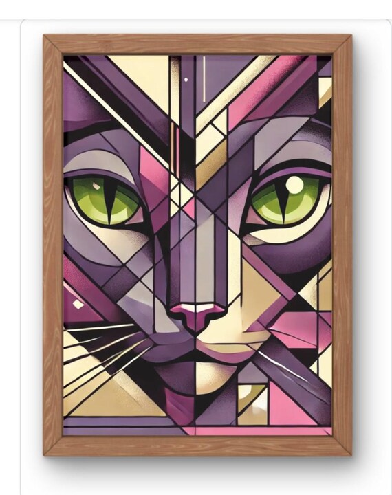 Cubist Cat Wall Art Bold Abstract Purple And Black Print Modern Eometric Animal Decor