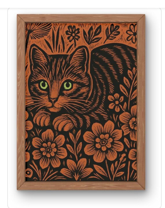 Vintage Tabby Cat Woodcut Botanical Orange Floral Art Poster