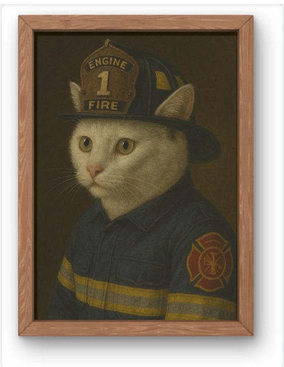 Firefighter Cat Art Print Funny Portrait In Uniform Whimsical Animal Wall Decor For Lovers Available A5 A1