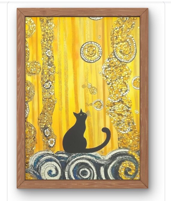 Abstract Gold Cat Art Print Klimt Inspired Silhouette With Spirals Celestial Starry Night Wall Available In A5 To A1