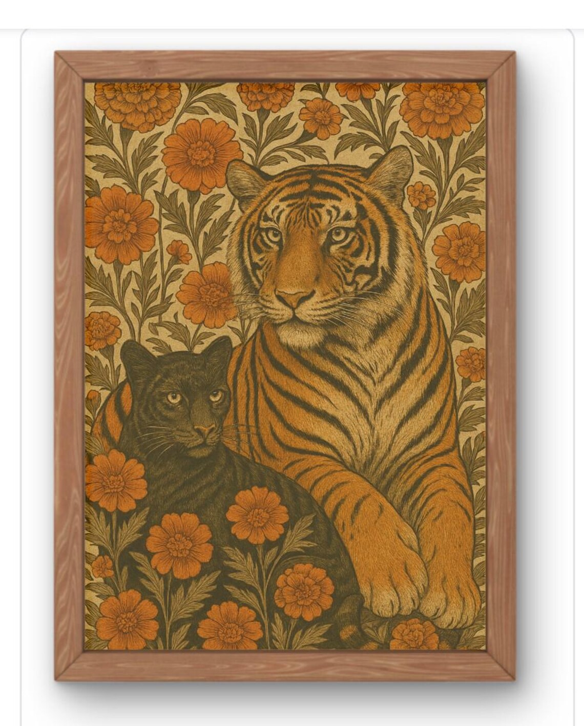 Tiger and Black Panther Among Marigolds Vintage Floral Art Print