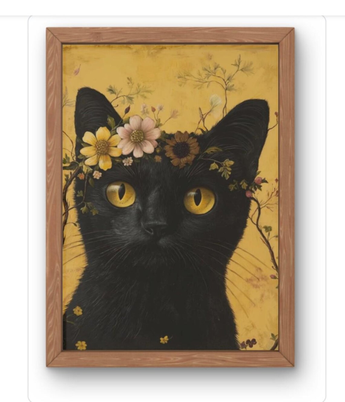 Black Cat Flower Crown Golden Botanical Vintage Feline Art Poster