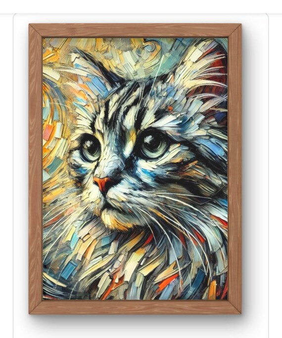 Long Haired Tabby Cat Expressive Colorful Mosaic Oil Portrait Poster