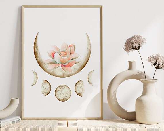 Lotus Flower And Moon Phases Art Print, Boho Zen