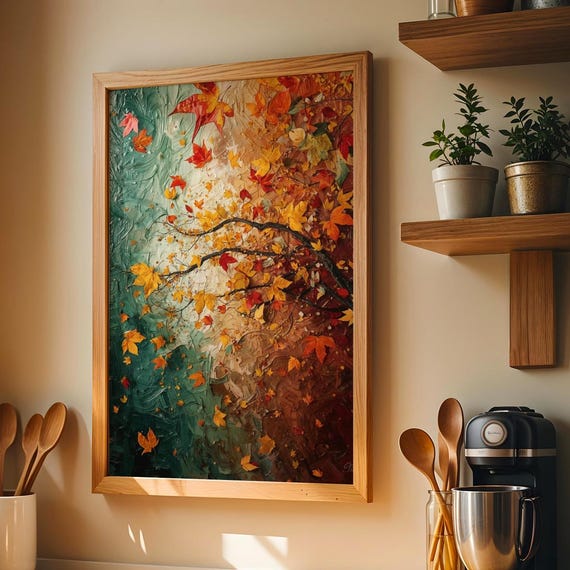 Abstract Autumn Leaves Art Print Teal Orange Fall Foliage