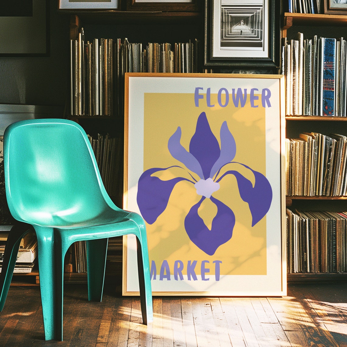 Purple Iris Bloom on Golden Yellow Retro Flower Market Art Poster - Image 4