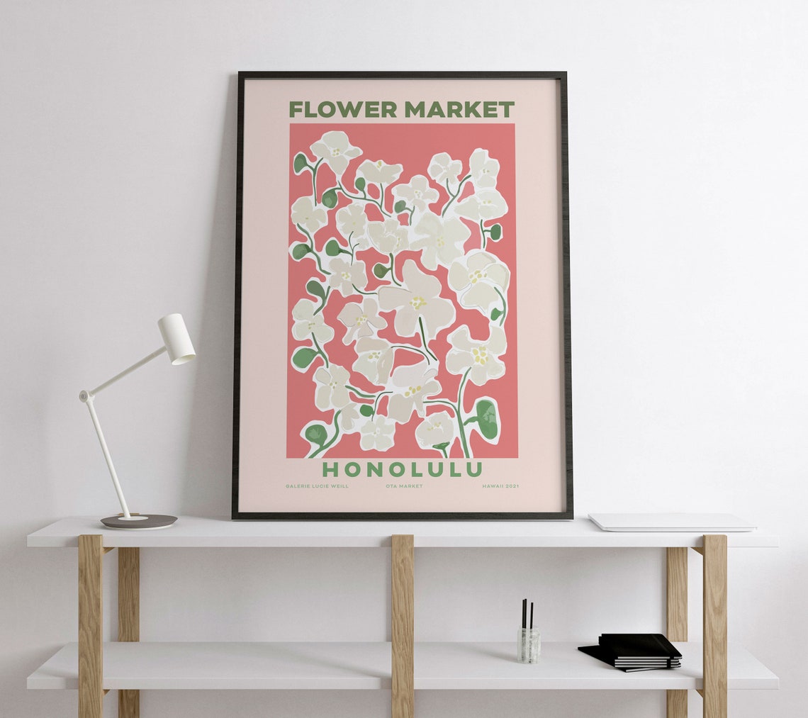 Honolulu Flower Market Poster White Orchids On Coral Tropical Art - Image 5