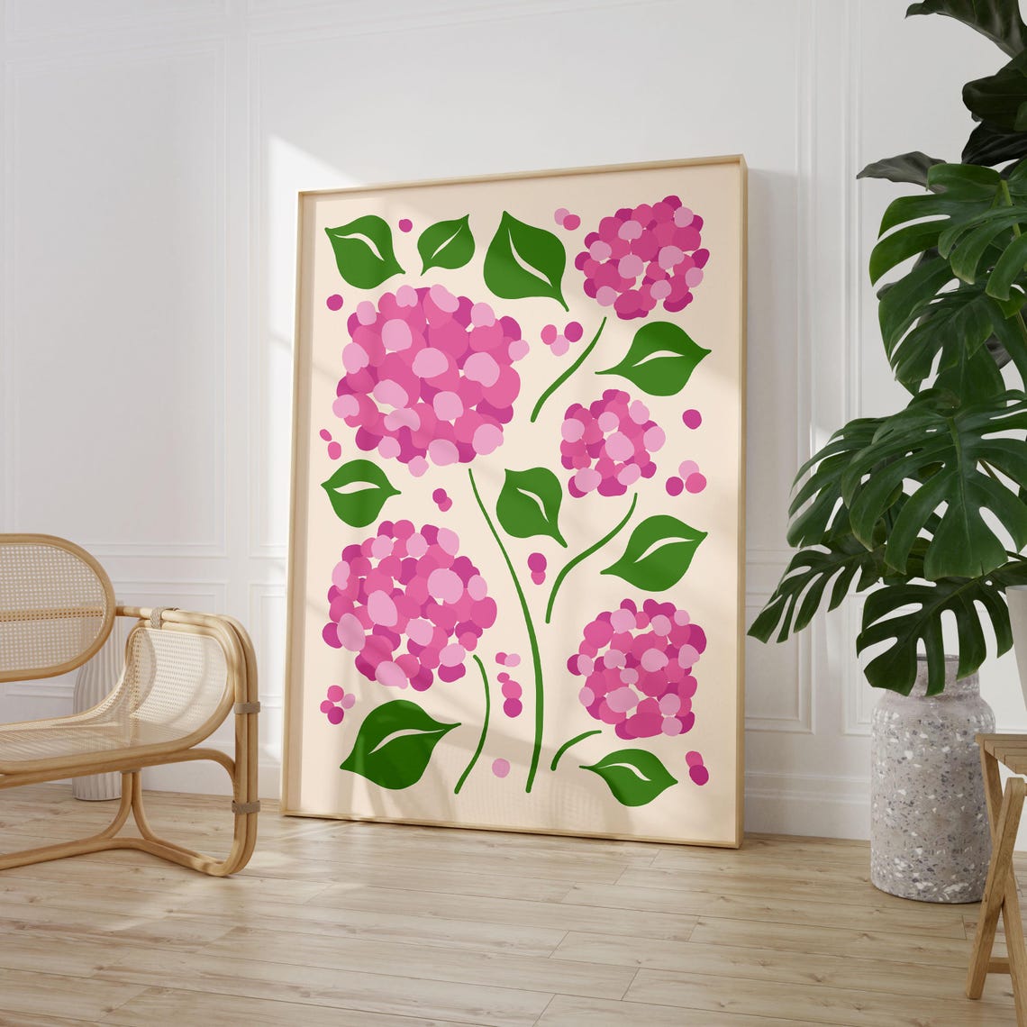 Pink Hydrangea Botanical Poster with Green Leaves on Cream Background