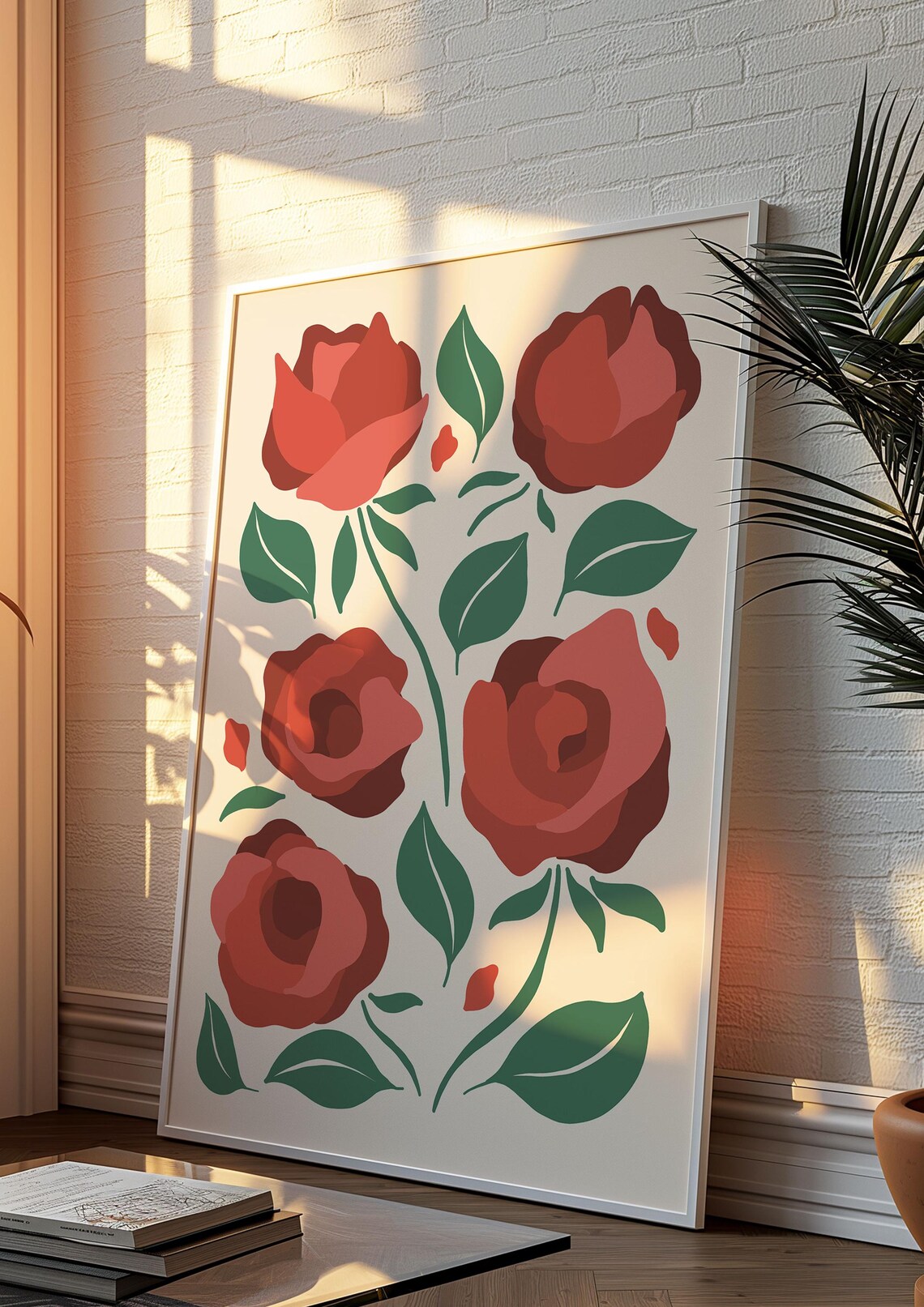 Red Rose Botanical Poster with Green Leaves on Cream Background - Image 3