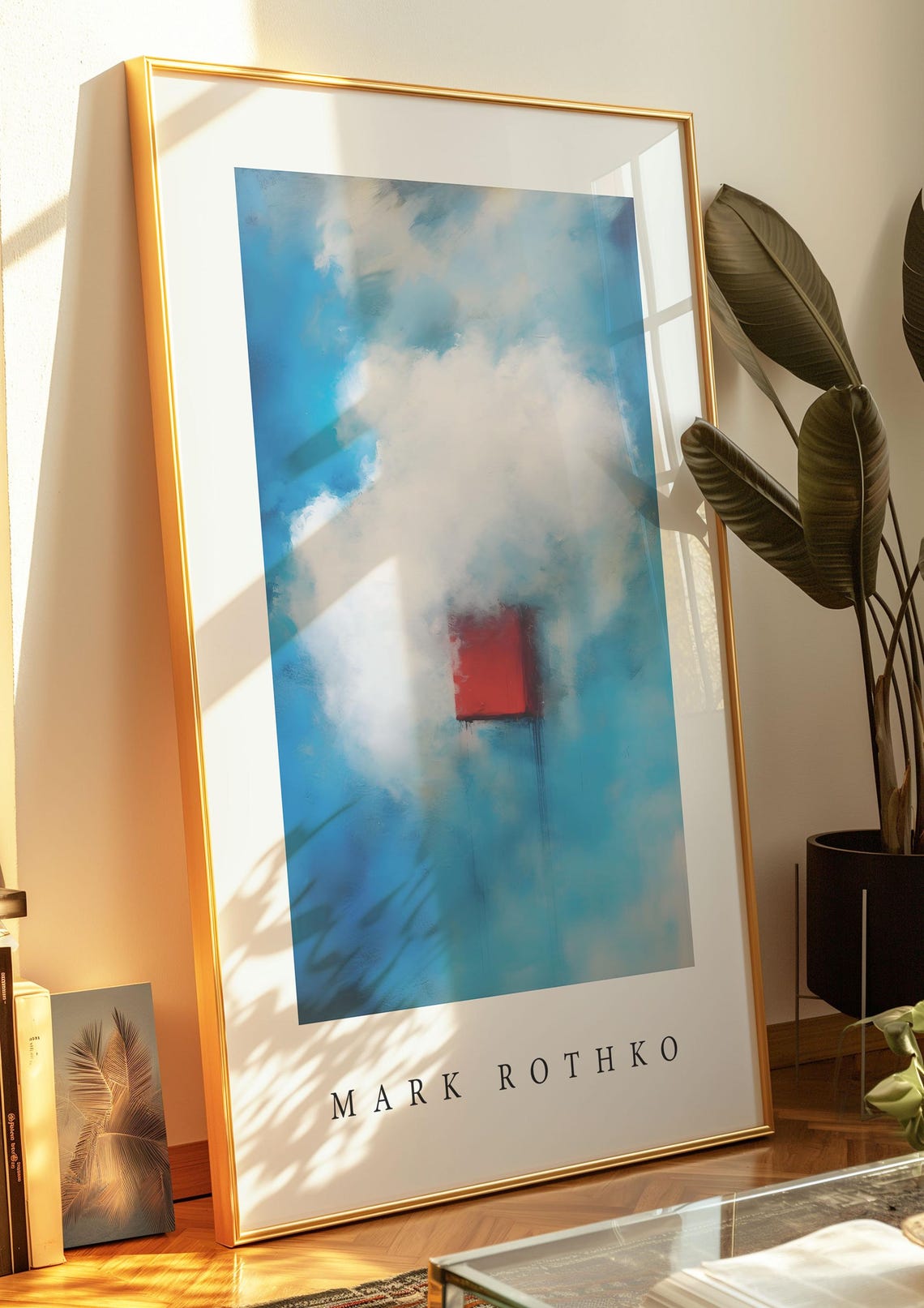 Mark Rothko Style Red Cube in Clouds Blue Sky Abstract Poster - Image 3