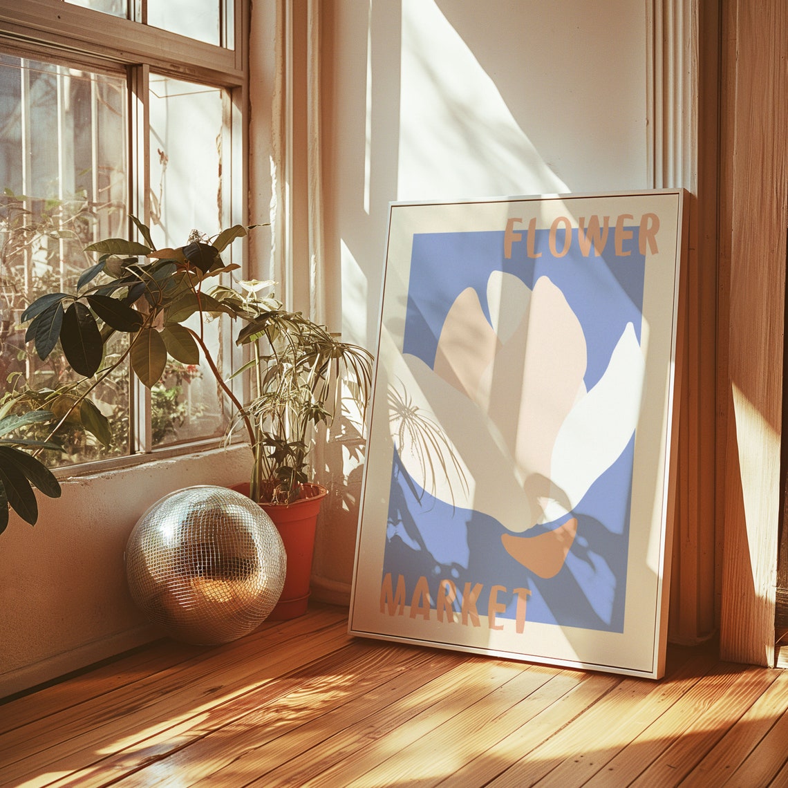White Tulip Blossom on Periwinkle Blue Retro Flower Market Poster