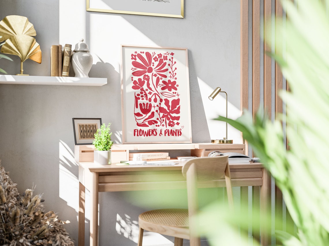 Bold Red Flowers and Plants Vintage Botanical Silhouette Art Poster - Image 4