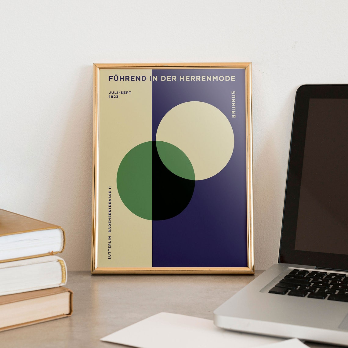 Bauhaus Overlapping Circles Navy Cream Vintage Geometric Poster - Image 3