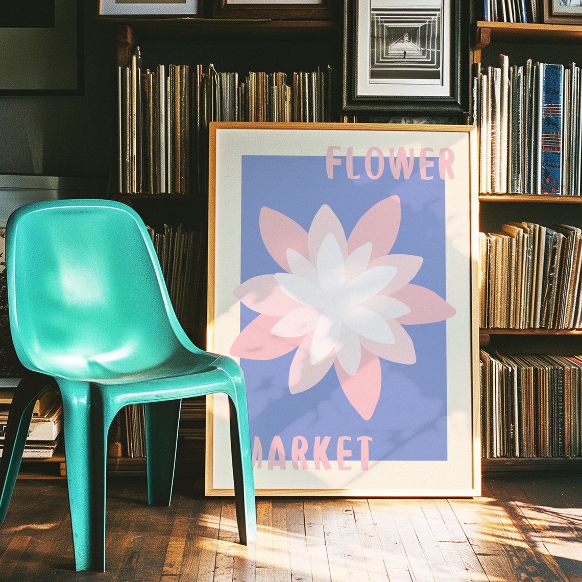 Pink Blossom on Periwinkle Blue Retro Flower Market Art Poster - Image 5