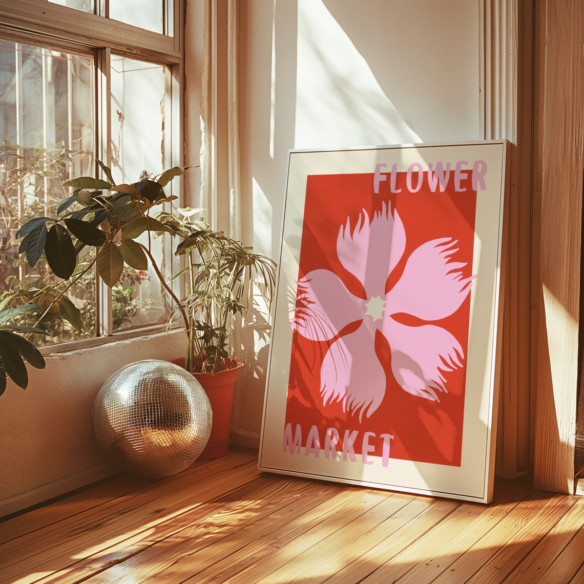 Pink Fringed Flower on Fiery Red Retro Flower Market Art Poster
