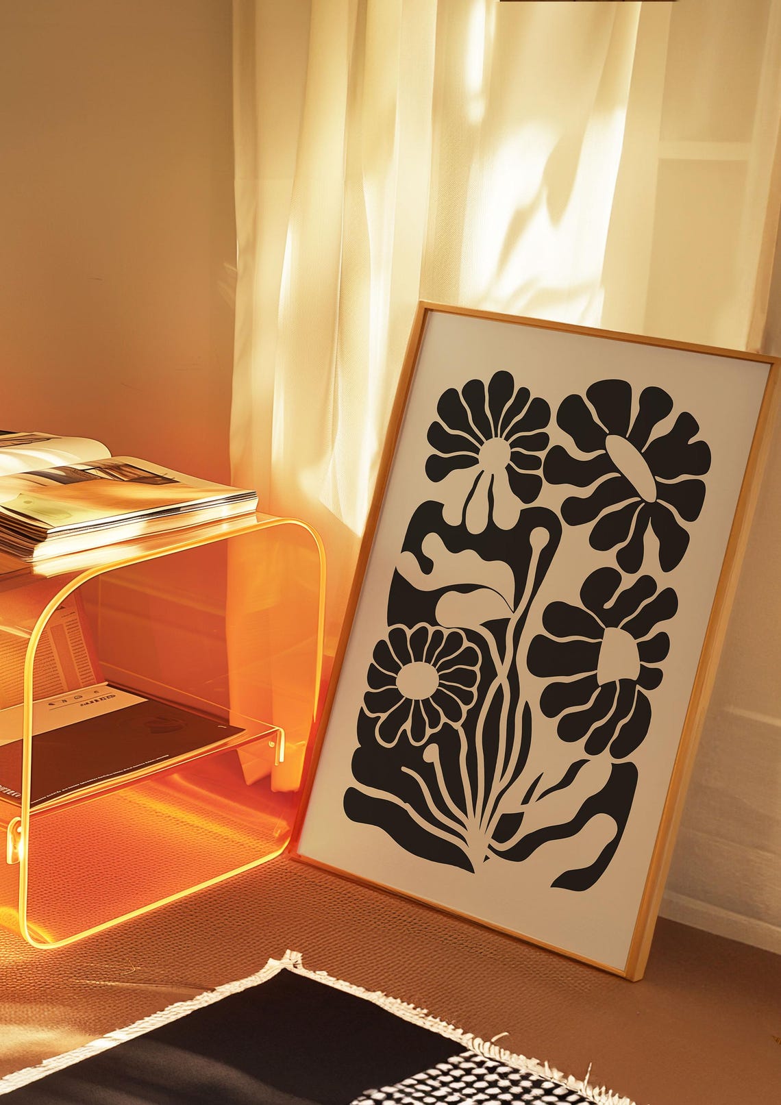 Beige Black Daisy Cutout Retro Floral Botanical Art Wall Poster - Image 2
