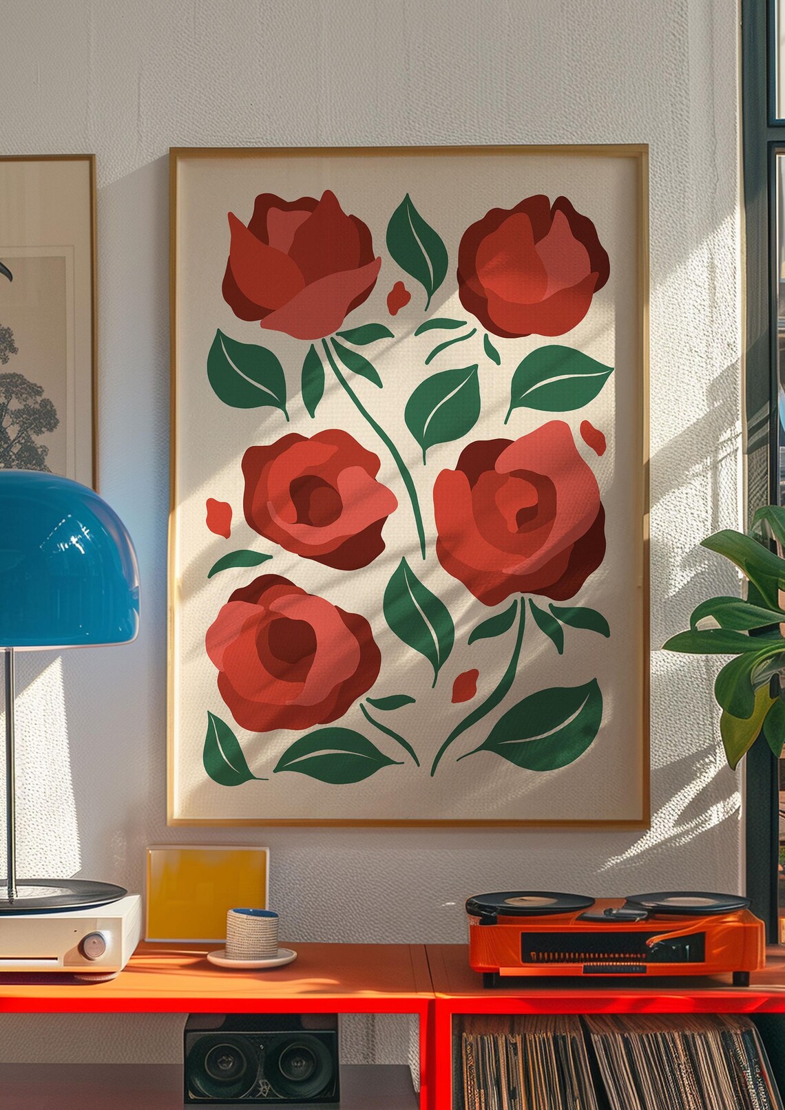 Red Rose Botanical Poster with Green Leaves on Cream Background - Image 4