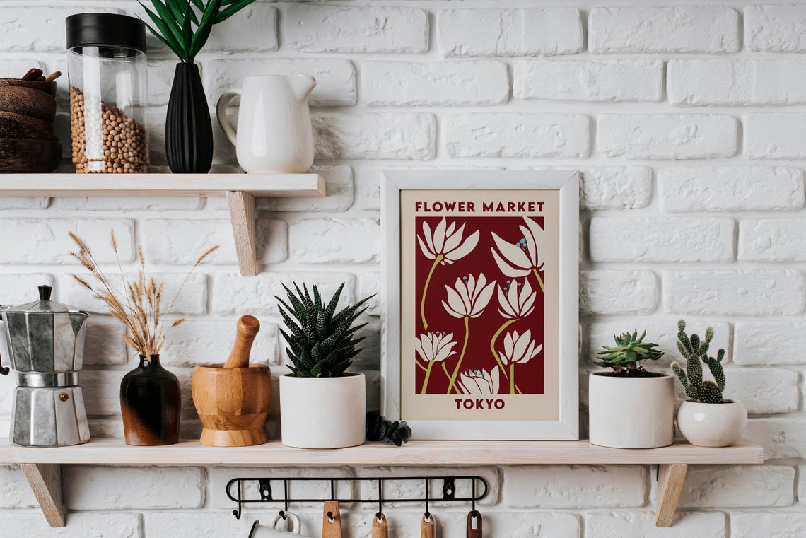 Tokyo Flower Market Maroon Background Print White Lily Floral Art - Image 2
