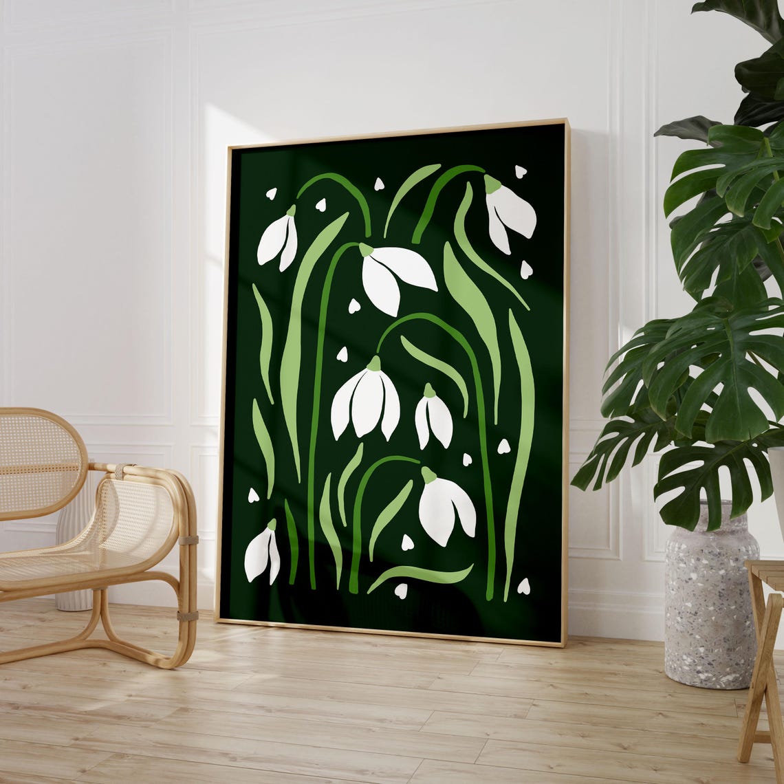 White Snowdrops on Dark Forest Green Modern Botanical Poster