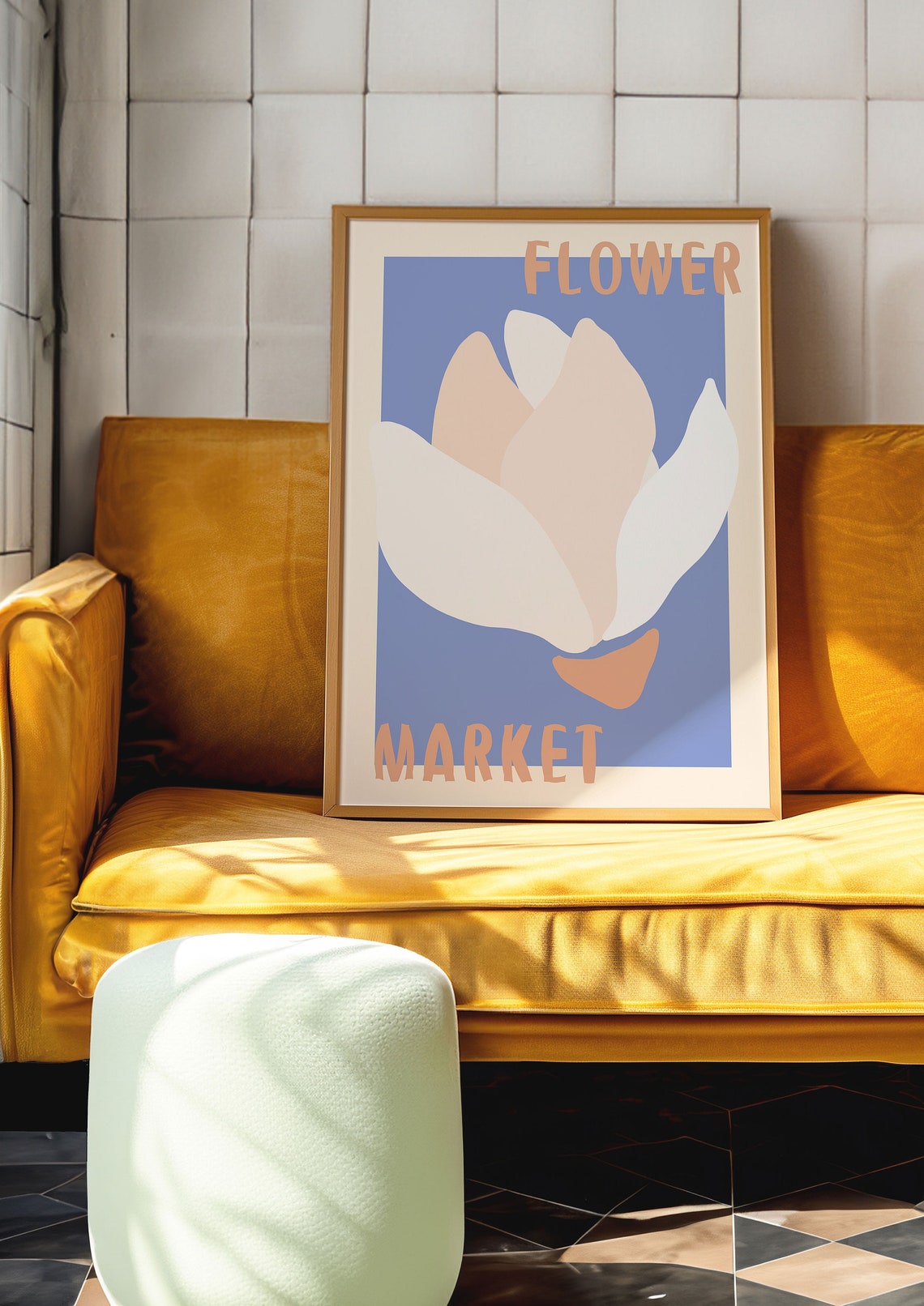 White Tulip Blossom on Periwinkle Blue Retro Flower Market Poster - Image 5