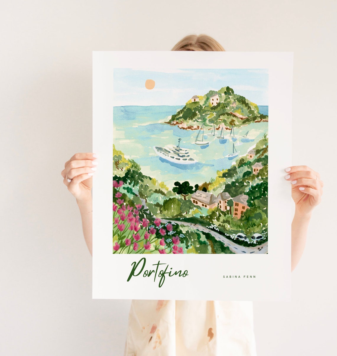 Portofino Art Print Tropical Ocean Illustration Lush Watercolor Painting Travel Prints Seaside Wall Art Bedroom Art Porto