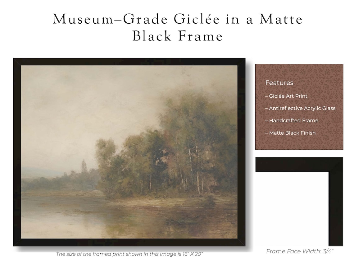 Vintage Lakeside Landscape Oil Painting, Art Print - Image 3