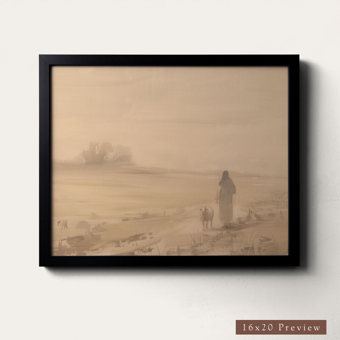 Jesus With Lost Sheep Warm Beige Field Faith Fine Art Poster - Image 3